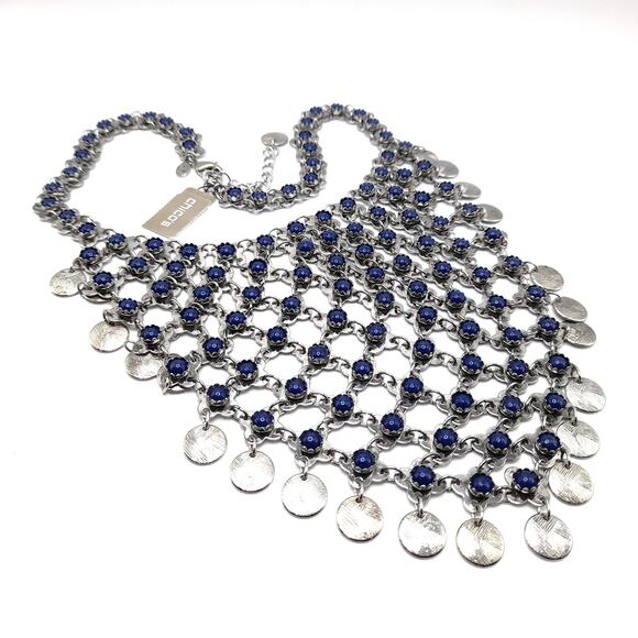 Chico's Blue Cabochon Bib Necklace, New With Tags, Silver Tone, 24" - Picture 5 of 12